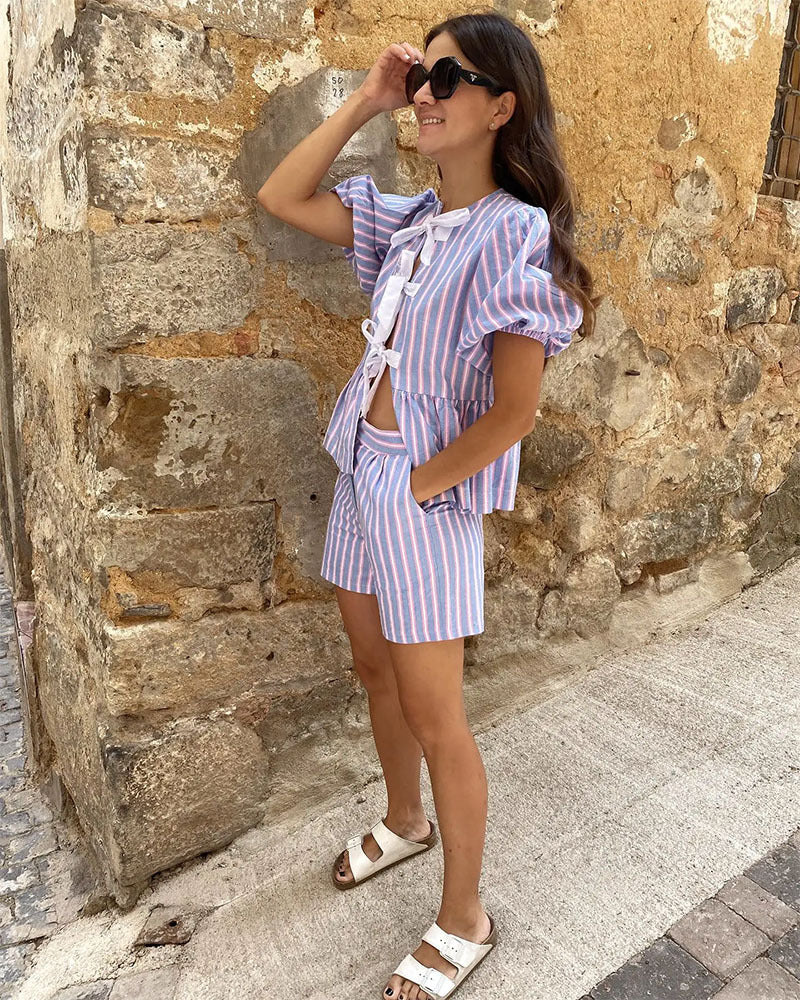 Women's Summer Fashion Striped Top Shorts Suit