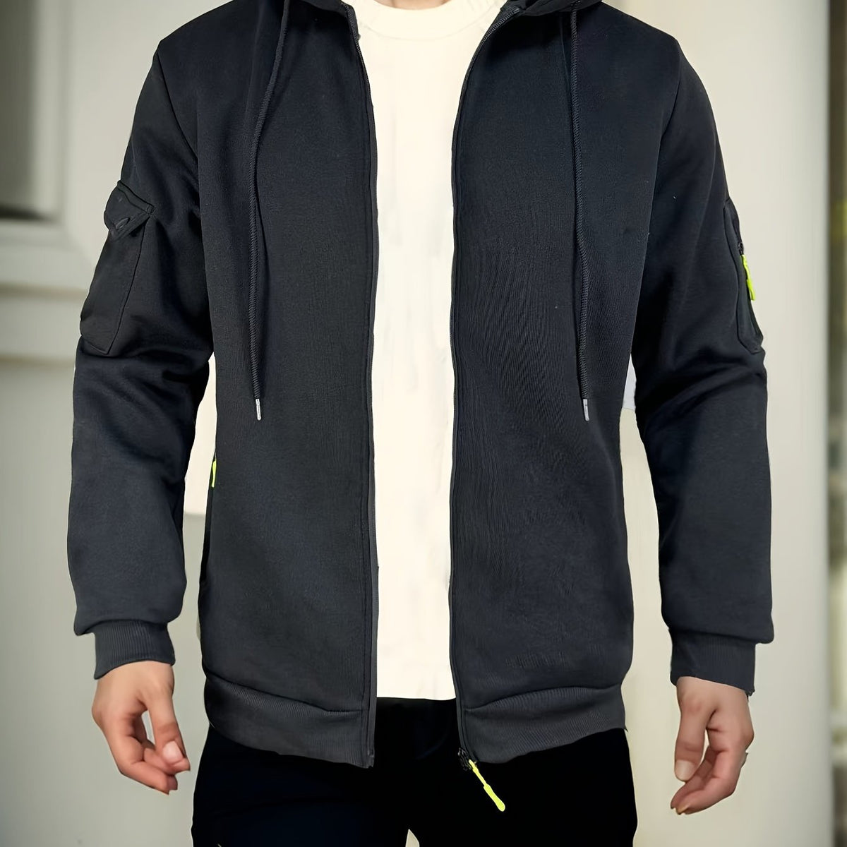Men's Regular Fit Hoodie with Zip Pockets - Black, Polyester Blend, Long Sleeve, Casual Style