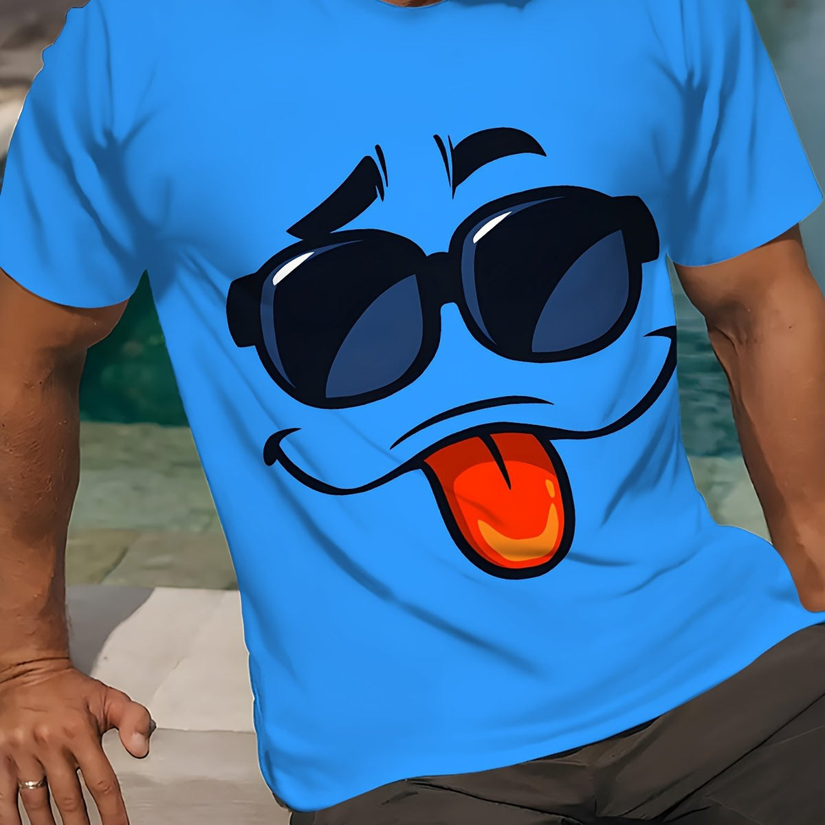 Men's Trendy 3D Smiling Face Print Casual Tee - Crew Neck, Short Sleeve, Polyester Blend, Machine Washable - Perfect for Spring/Fall