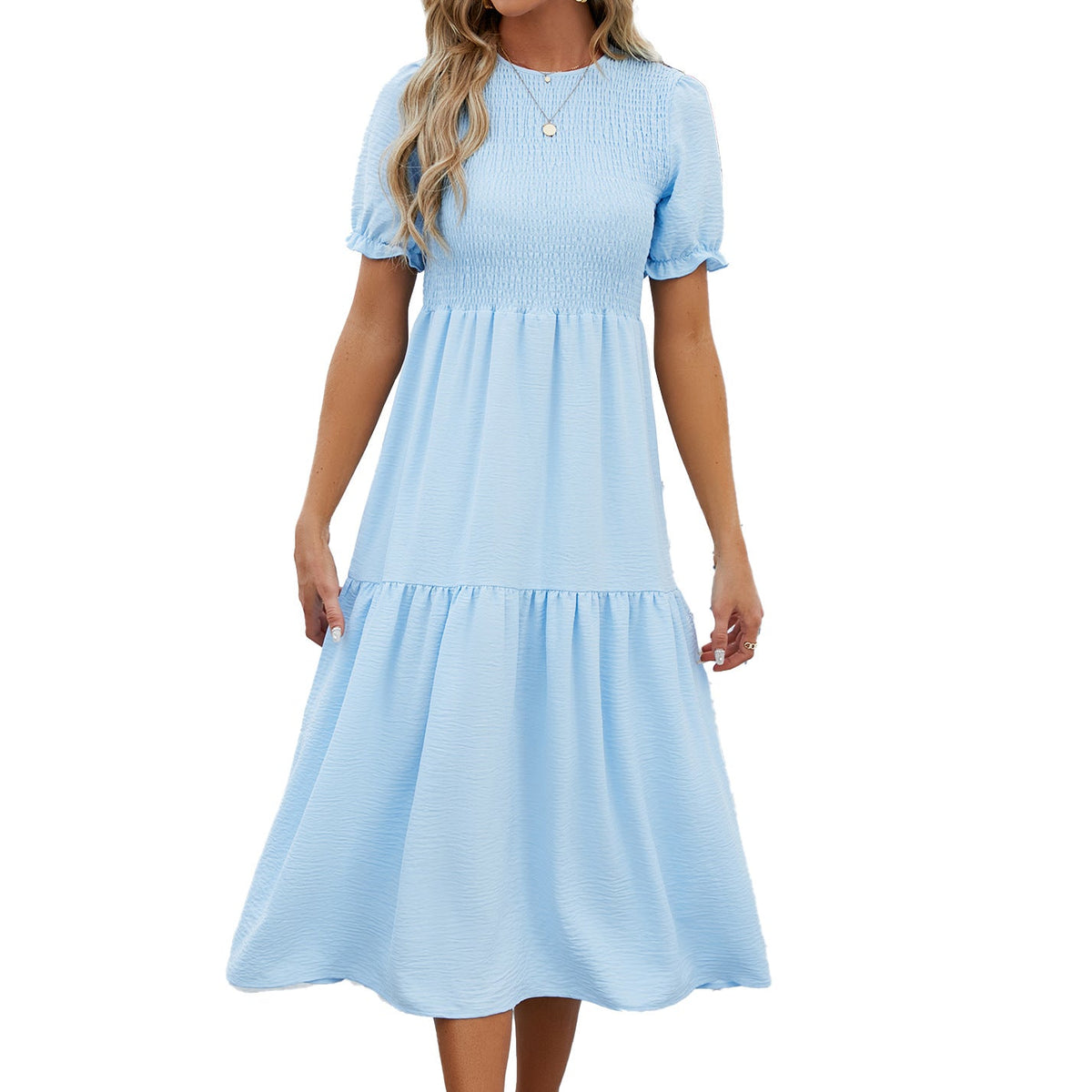 Summer Round Neck Pleating Puff Sleeve Short Sleeve Elegant Dress