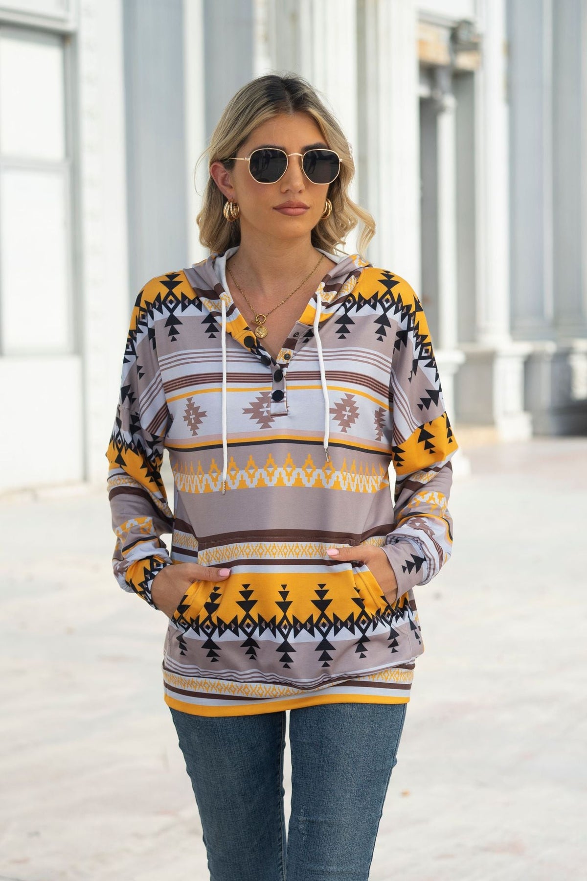 Geometric Pattern Long Sleeve Loose Hooded Button Pocket Sweatshirt