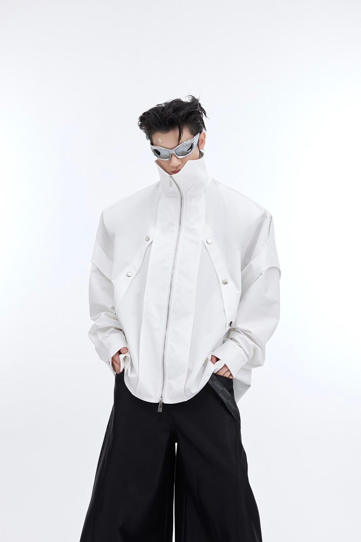 Men's Double-layer Design Stand Collar Shirt Metal Embellished Baggy Coat