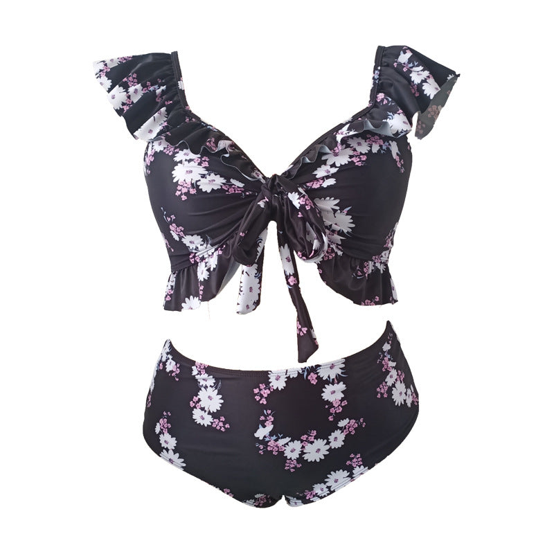 Printing Cover Pleating Ruffled Swimsuit