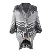 Women's Knitted Cape And Shawl Tassel Hem Color Matching Sweater