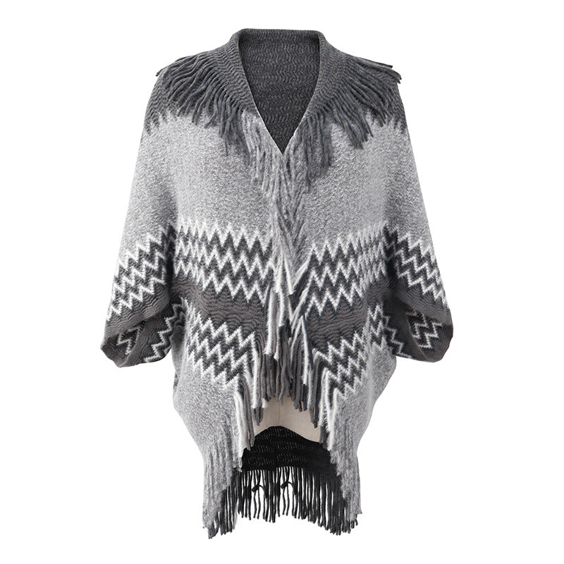 Women's Knitted Cape And Shawl Tassel Hem Color Matching Sweater