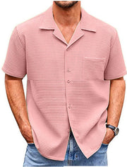 Suit Collar Solid Color Short Sleeve Waffle Shirt