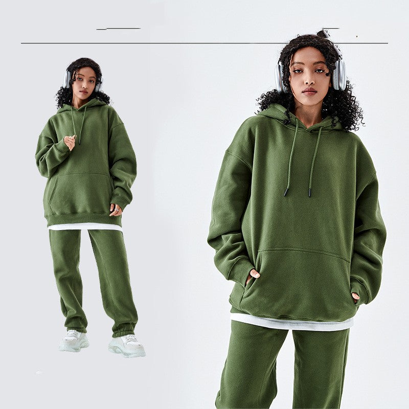 Solid Color Fleece-lined G Thick Hooded Sweater