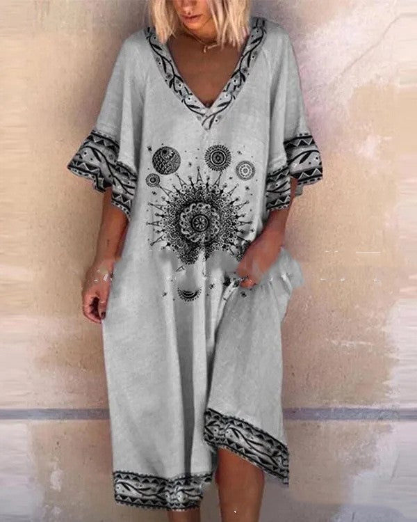 Digital Printed V-neck Plus Size Dress