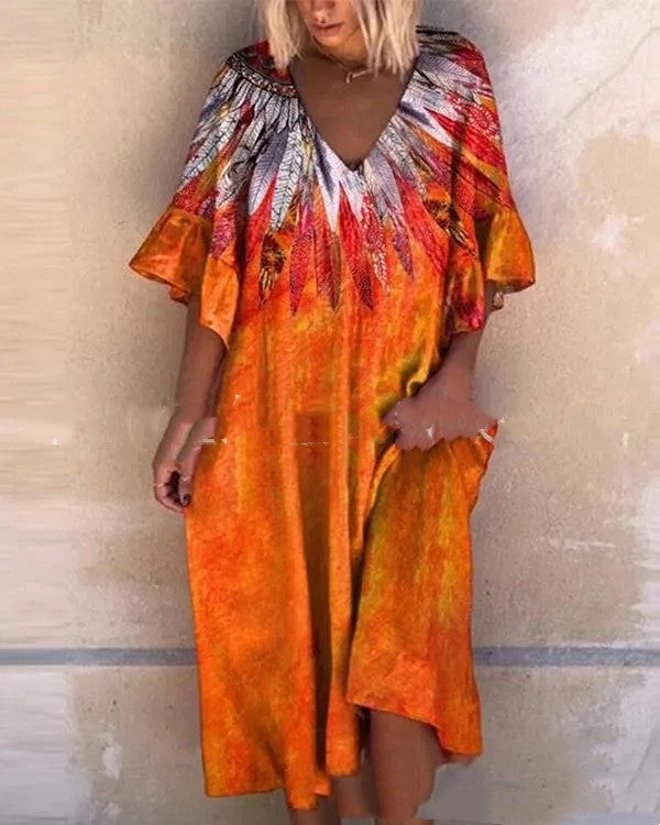 Digital Printed V-neck Plus Size Dress