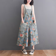 Korean Style Plus Size Fat Sister Printed Denim Wide Leg Suspender Pants