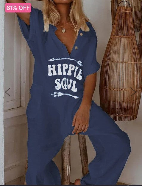Women's Printed Lettered Casual Jumpsuit