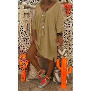 V-neck Long Sleeve Loose Solid Color Dress