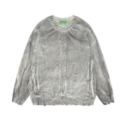 Distressed Dirty Round Neck Men's Spring And Autumn Sunken Stripe Twist Crocheted Ripped Pullover Sweater