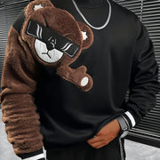 1pc Men'S Casual Cartoon Bear Embroidery Sweatshirt, Polyester Knit Pullover with Round Neck and Regular Fit