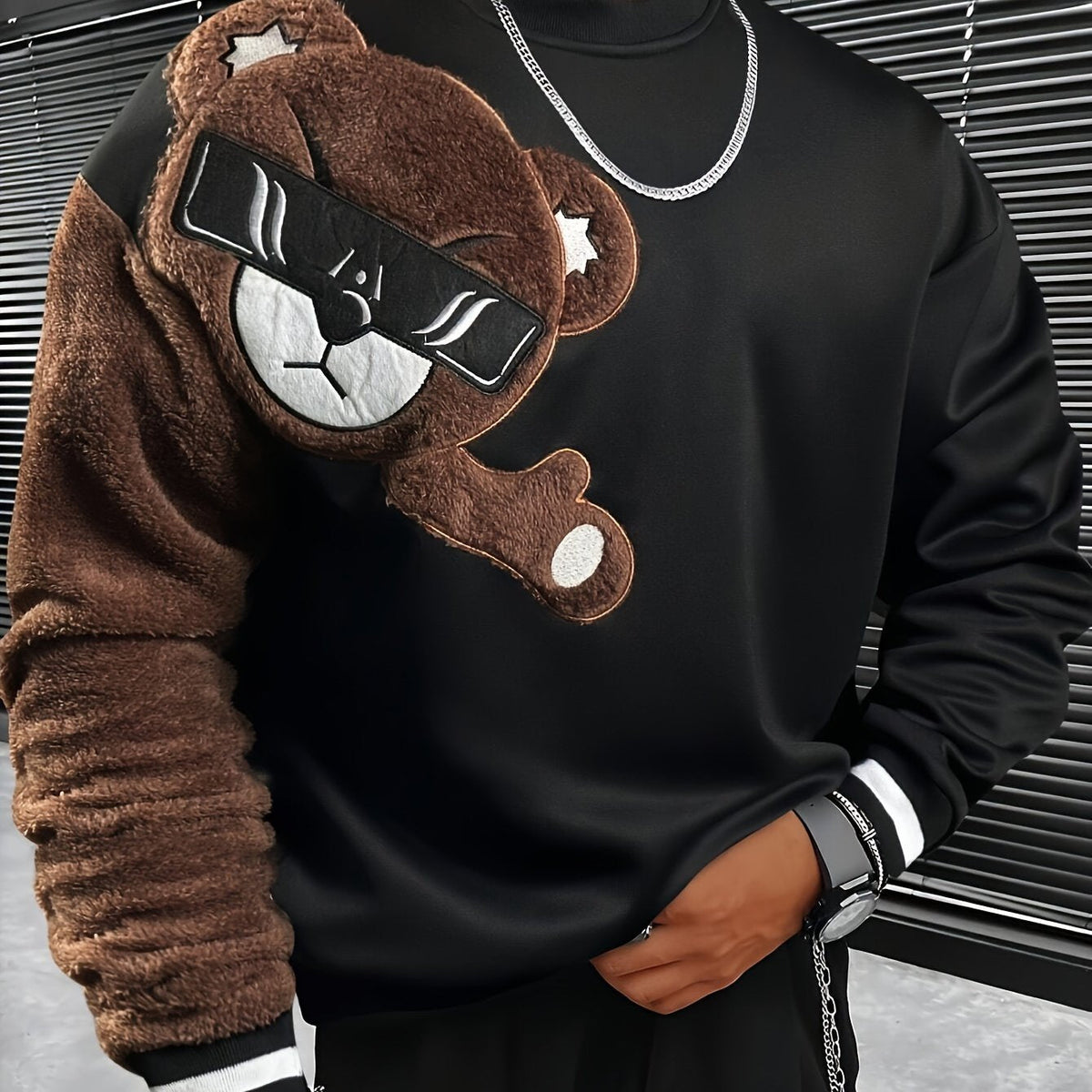 1pc Men'S Casual Cartoon Bear Embroidery Sweatshirt, Polyester Knit Pullover with Round Neck and Regular Fit