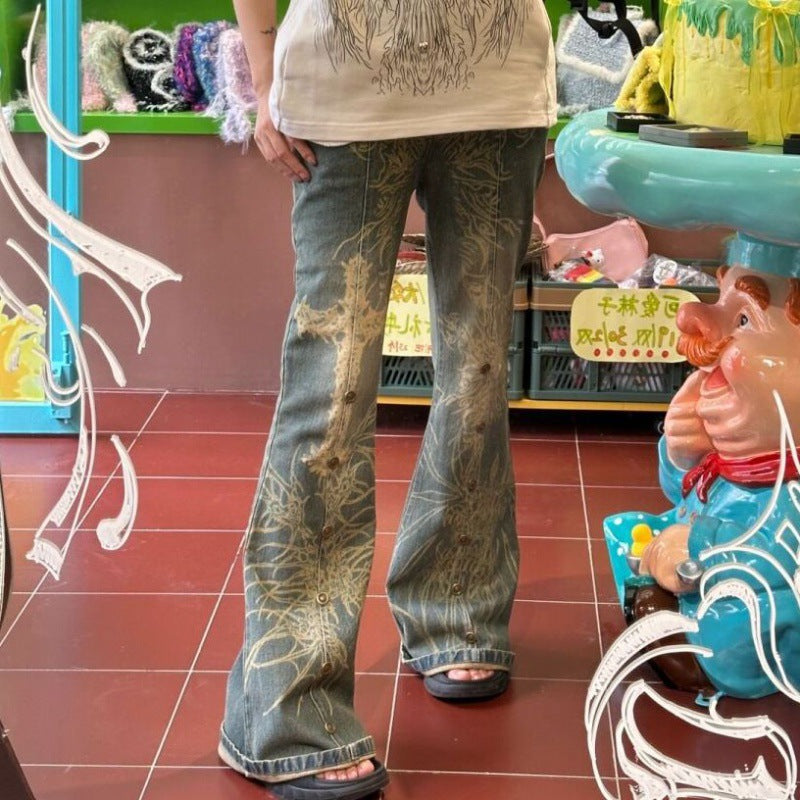 Women's Plus Size Washed Old Tattoo Slightly Flared Jeans