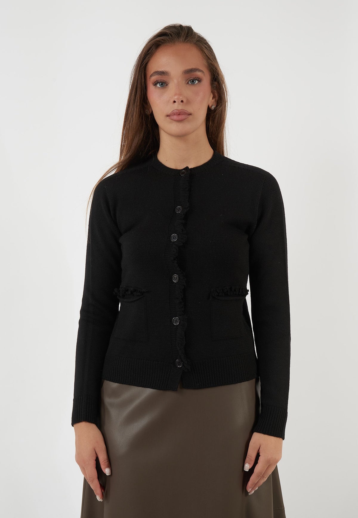 CARDIGAN IN LANA NERO CON VOLANT