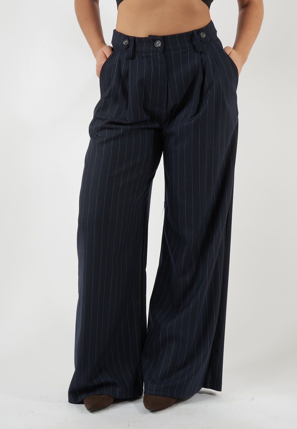 PANTALONE GESSATO BLU A GAMBA AMPIA