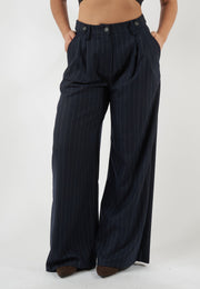 PANTALONE GESSATO BLU A GAMBA AMPIA