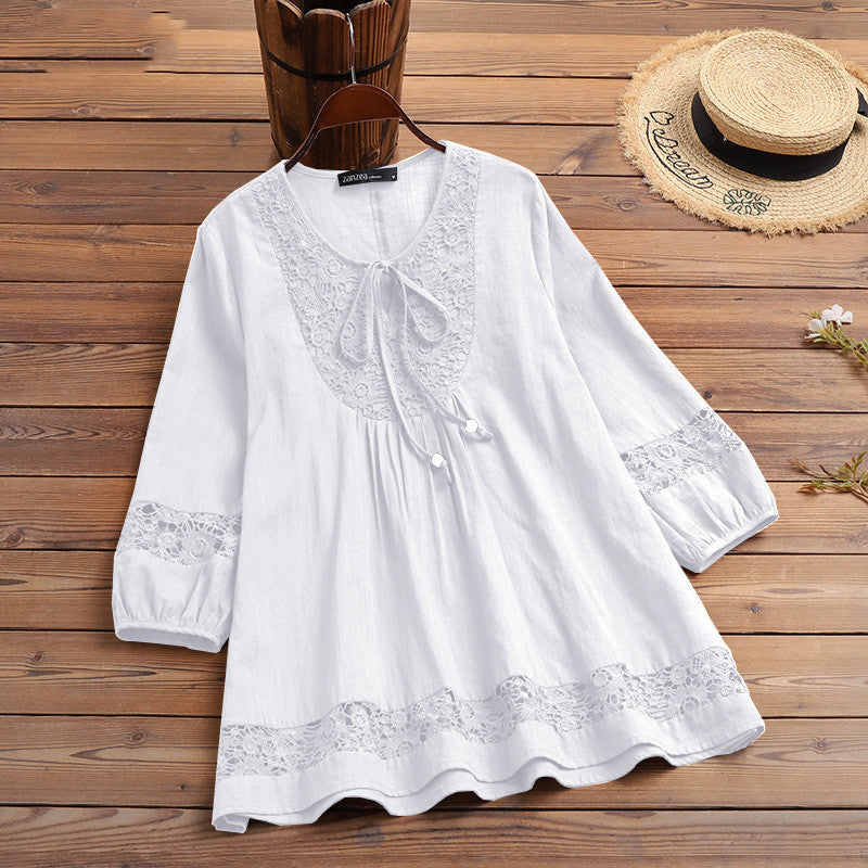 Cotton And Linen Stitching Lace Temperament Sleeve Loose Women's Top