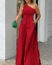 Summer Diagonal Collar Single-side Lace-up Irregular Strapless High Waist Pocket Wide-leg Pants Casual Jumpsuit