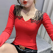 Hollow Jeweled V-neck Slim Fit Slimming Top
