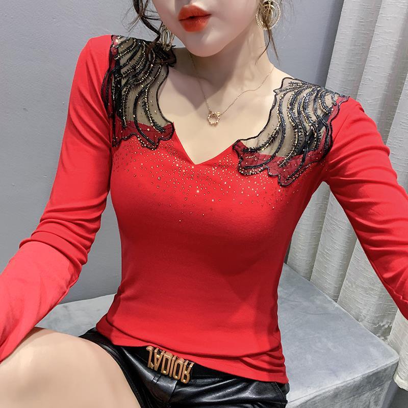 Hollow Jeweled V-neck Slim Fit Slimming Top