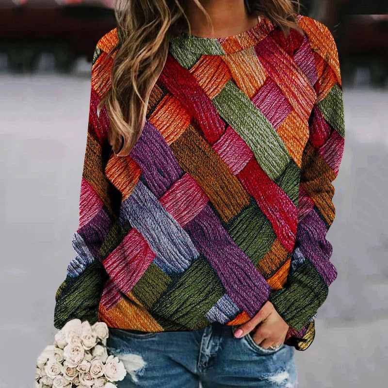 Printed Patchwork Round Neck Raglan Long Sleeve Women's Sweater