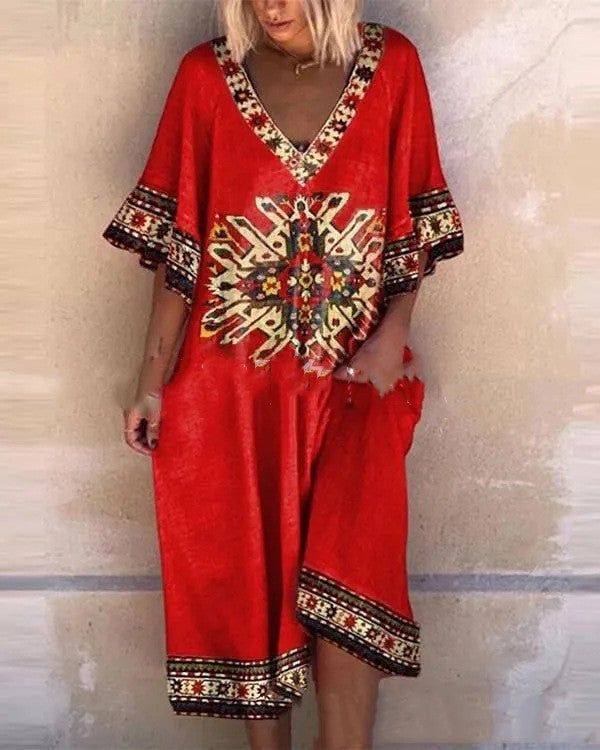 Digital Printed V-neck Plus Size Dress