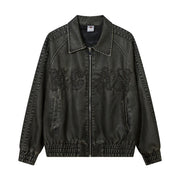 Letter Embroidery Pu Leather Coat Men