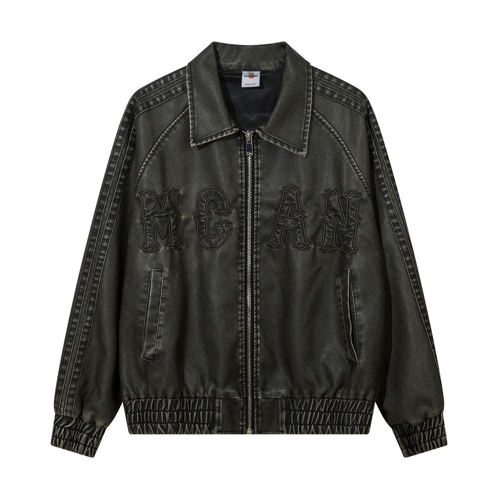 Letter Embroidery Pu Leather Coat Men