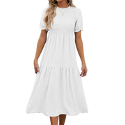 Summer Round Neck Pleating Puff Sleeve Short Sleeve Elegant Dress