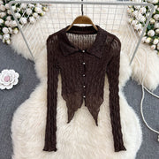 French Retro Sexy See-through Long Sleeves Irregular Short Dovetail Shirt