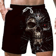 Men's Trendy Graphic Beach Shorts With Drawstring And Fancy 3D Skull Print For Summer Beach, Pool And Resort