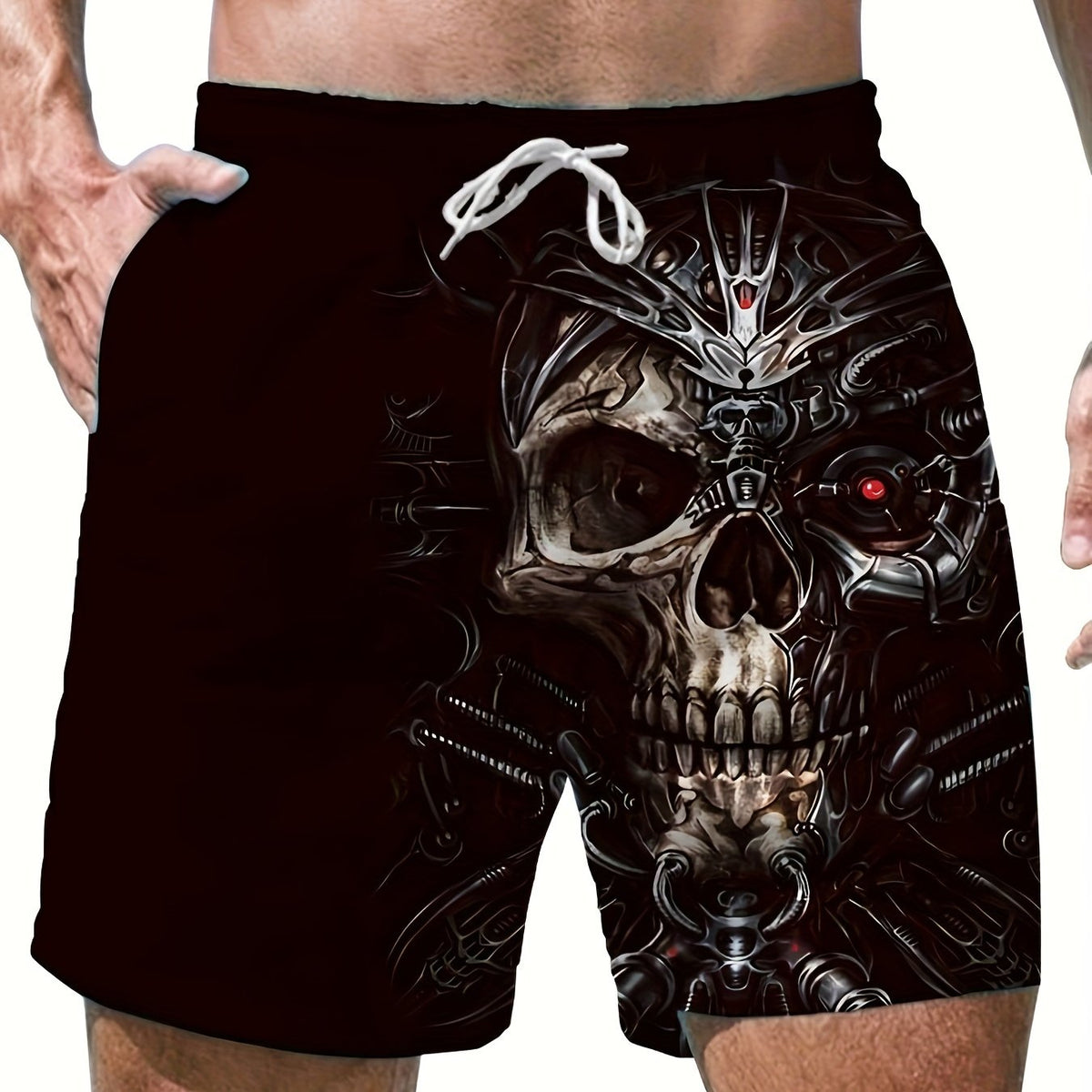 Men's Trendy Graphic Beach Shorts With Drawstring And Fancy 3D Skull Print For Summer Beach, Pool And Resort