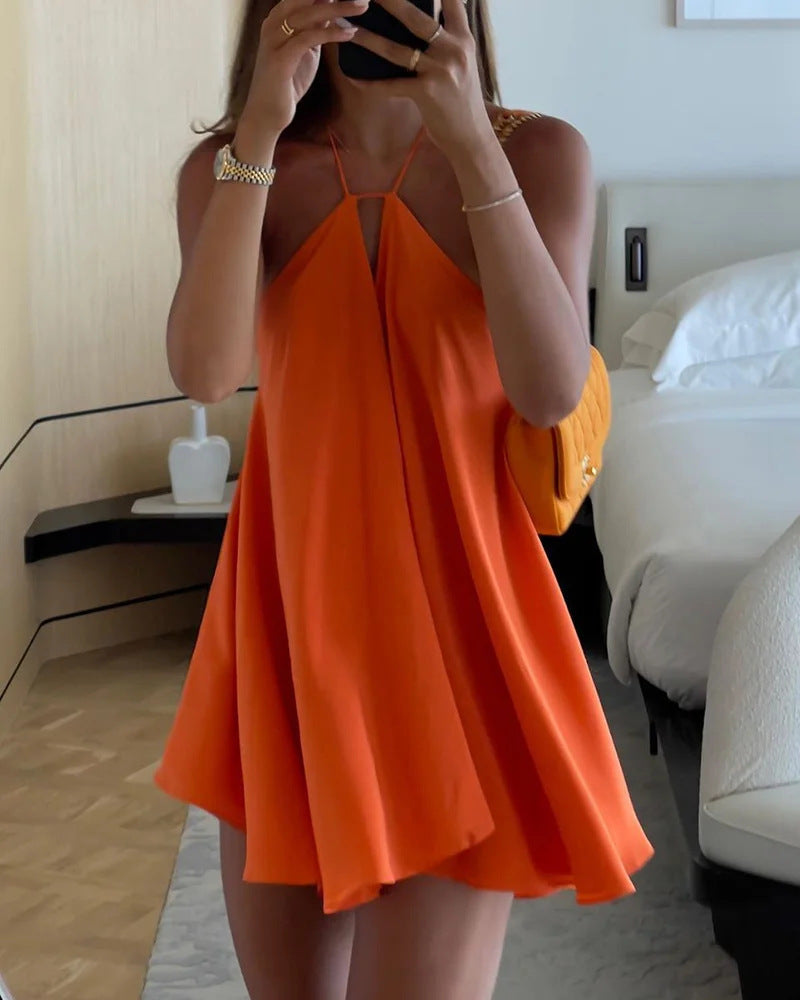 Deep V-neck Backless Strap Type Loose Skirt