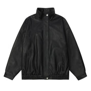 Solid Color Five-pointed Star Pu Shuai Stand Collar Zipper Leather Coat