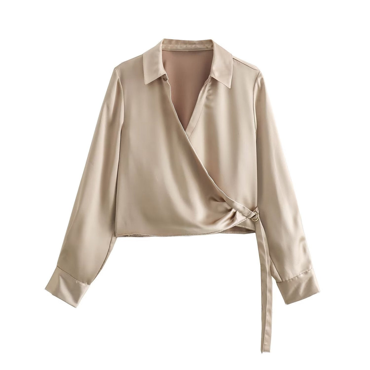 Fashionable All-match Double Breasted Silk Satin Textured Shirt Top