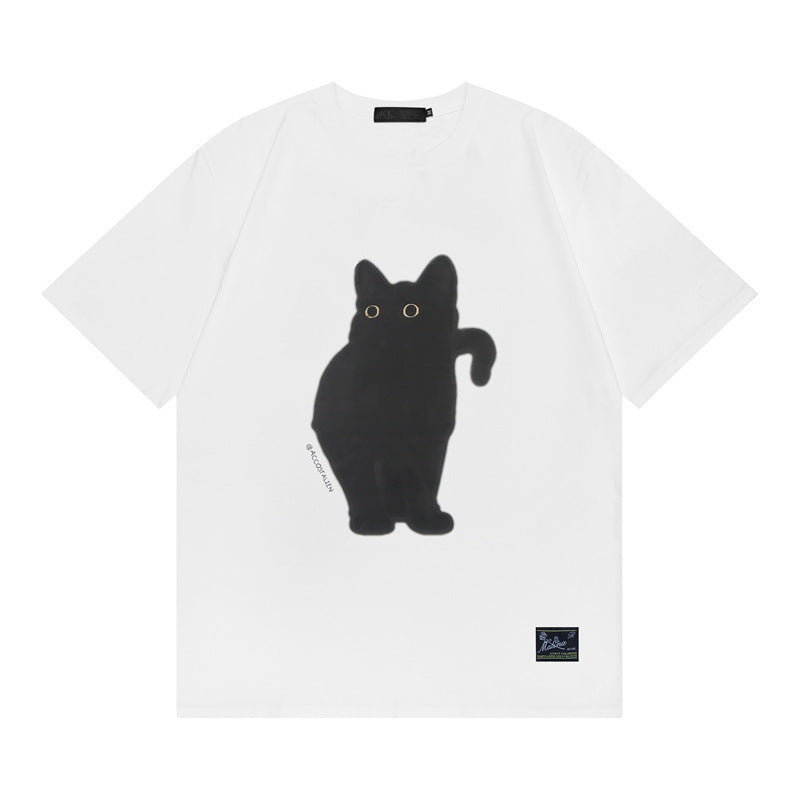 Women's Retro Artistic Fresh Cute Coffee Cat Cartoon Printed Short Sleeve