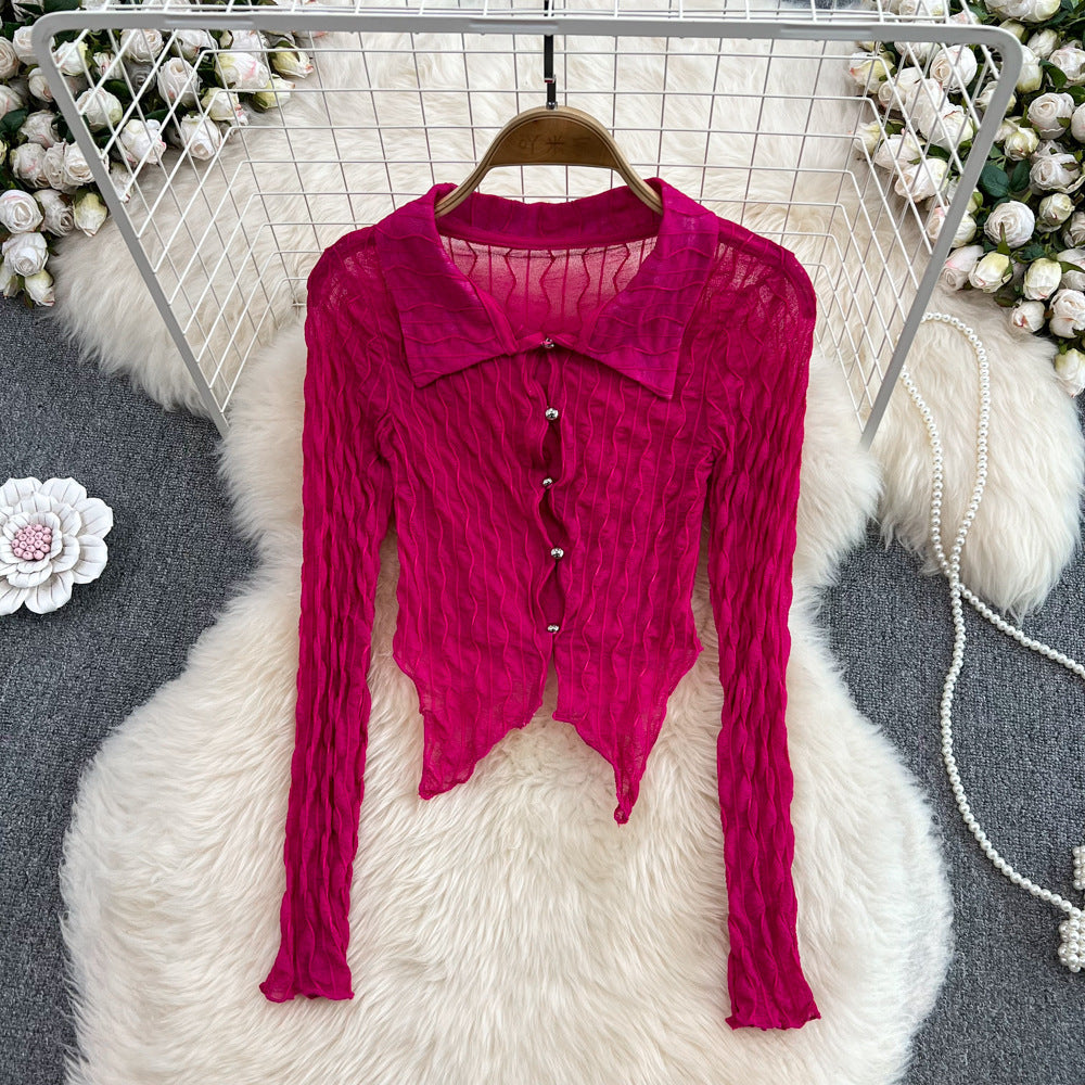 French Retro Sexy See-through Long Sleeves Irregular Short Dovetail Shirt