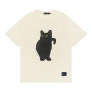 Women's Retro Artistic Fresh Cute Coffee Cat Cartoon Printed Short Sleeve