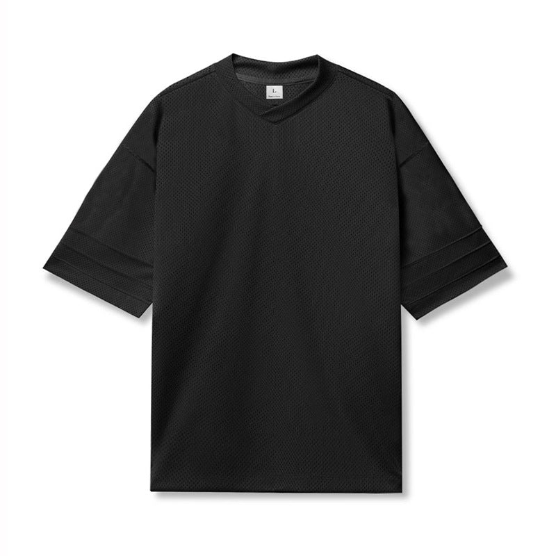 Quick-drying Solid Color Drop Shoulder Mesh V-neck Short Sleeve