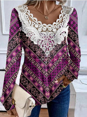 Round neck lace long sleeved elegant casual T-shirt