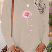 Chic Daisy Print Long Sleeve T-Shirt for Women - Casual Crew Neck, Soft Polyester, Machine Washable - Perfect for Fall & Winter