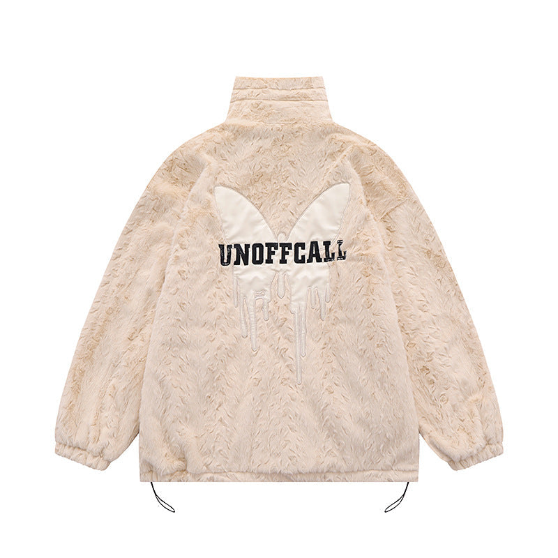 Butterfly Paste Cloth Embroidery Plus Double-sided Plush Stand Collar Coat