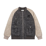 Color Contrast Patchwork Raglan Sleeve Baseball PU Leather Cotton Jacket