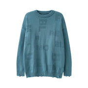 Street Fashion Letter Jacquard Round Neck Ripped Sweater
