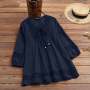 Cotton And Linen Stitching Lace Temperament Sleeve Loose Women's Top