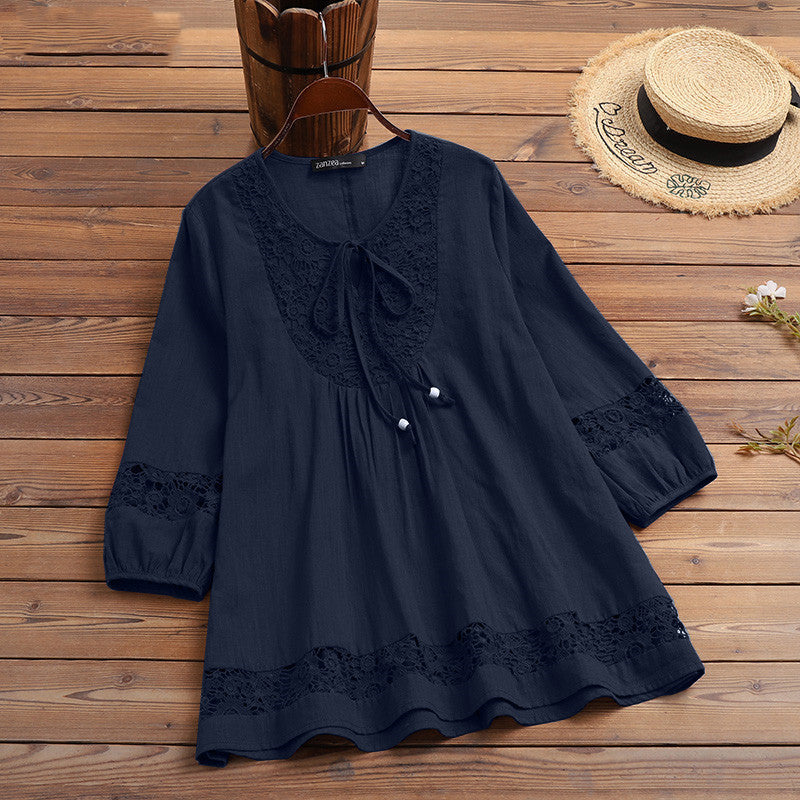 Cotton And Linen Stitching Lace Temperament Sleeve Loose Women's Top