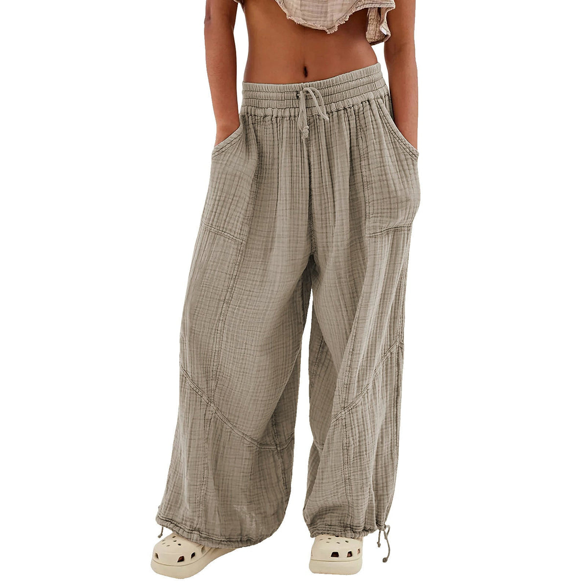 Women's Fashion Solid Color Lace-up Pocket Wide Leg Pants